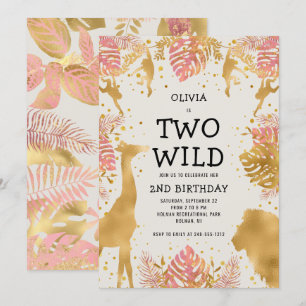 Mädchen Zwei Wild 2. Geburtstag Pink Ecru Safari Einladung