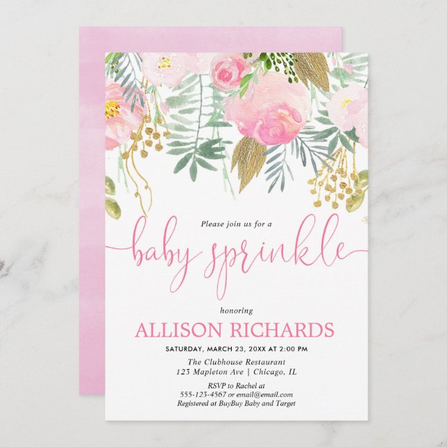 Mädchenbaby besprühen das rosa Blumen Goldgrün Einladung (Vorne/Hinten)