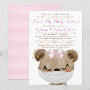 Mädchenbär mit Maske Drive By Baby Shower Einladung