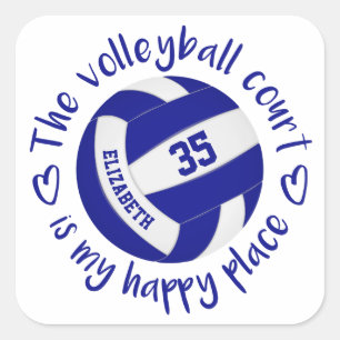 Mädchenblau-weiße Volleyball-Happy Place Typografi Quadratischer Aufkleber