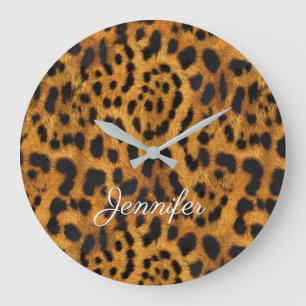 Mädchenchic Wild Jaguar Skin Print Name individuel Große Wanduhr