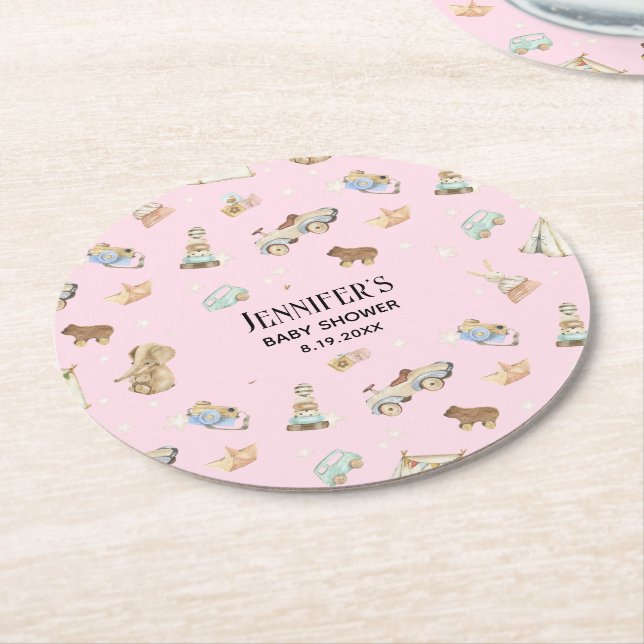 Mädchendusche, Vintages Spielzeug, rosa Runder Pappuntersetzer (Angewinkelt)