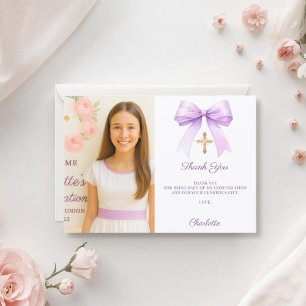 Mädchenfoto lila Schleife Konfirmation Dankeskarte
