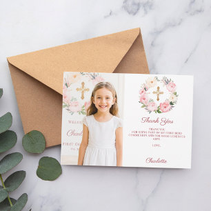 Mädchenfoto rosa Blumenkreuz Erste Kommunion  Dankeskarte