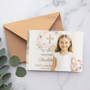 Mädchenfoto rosa Blumenkreuz Erste Kommunion  Dankeskarte