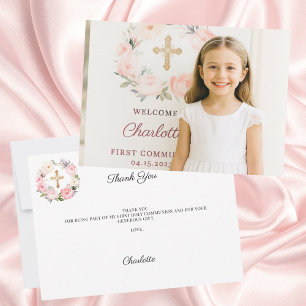 Mädchenfoto rosa Blumenkreuz Erste Kommunion  Dankeskarte