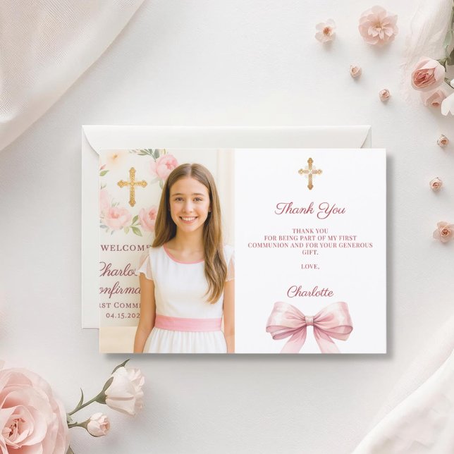 Mädchenfoto rosa Schleife Erste heilige Kommunion Dankeskarte (Von Creator hochgeladen)