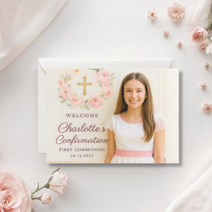 Mädchenfoto rosa Schleife Kreuz Bestätigung Dankeskarte