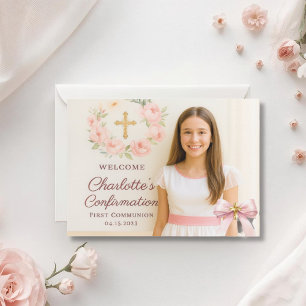 Mädchenfoto rosa Schleife Kreuz Erstkommunion Dankeskarte