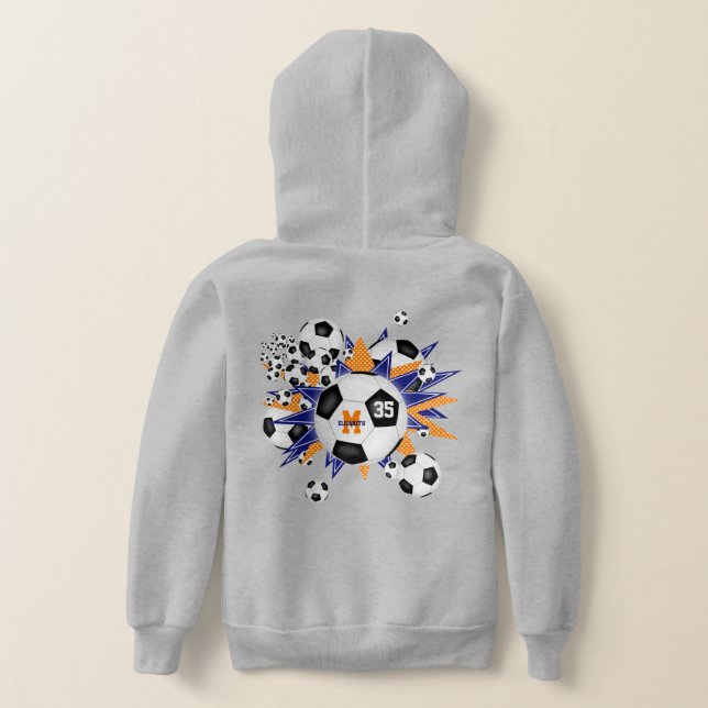 Mädchenfußball mit blauen orangefarbenen Sternen Hoodie (AblageHinten)