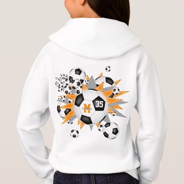 Mädchenfußball mit orangefarbenen Sternen Hoodie (Rückseite)