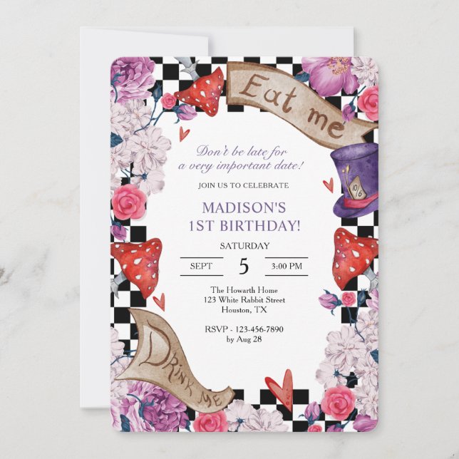 Mädchengeburtsfeier Alice im Wunderland Einladung (Vorderseite)