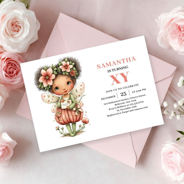 Mädchengeburtstag Magische Röte Florale Einladung (Fairy Girl Birthday Magical Blush Floral invitation)