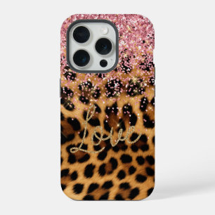 Mädchenhaft Chic Leopard Pink Gold Glitter Liebe iPhone 15 Pro Hülle