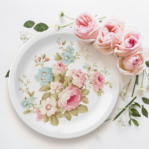 Mädchenhaft feminine rosa Vintage-Rosen Pappteller