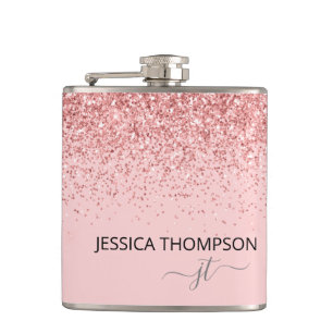 Mädchenhaft Glitter Blush Rosa Einfaches Monogramm Flachmann