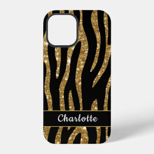 Mädchenhaft goldener Glitter-Tiger-Streifen-Name iPhone 12 Hülle