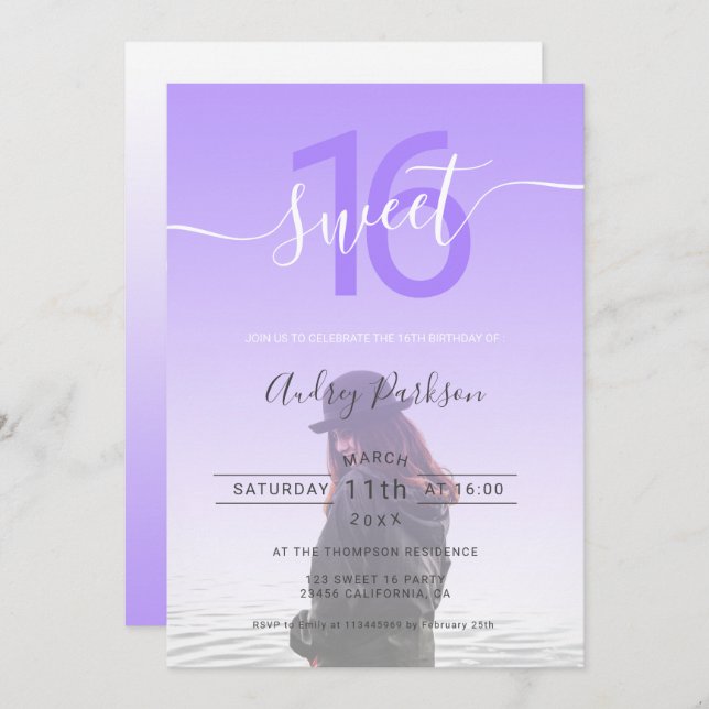 mädchenhaft lila Gradienten ombre Foto Skript süß  Einladung (Vorne/Hinten)