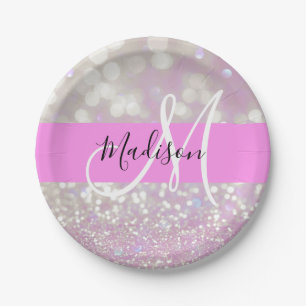 Mädchenhaft lila Schimmer Glitter Funken Monogramm Pappteller