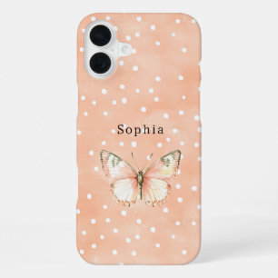 Mädchenhaft Pfirsich Weiße Punkte Schmetterling iPhone 16 Plus Hülle