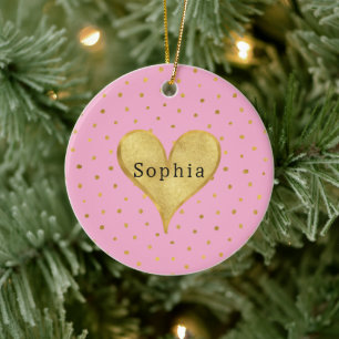 Mädchenhaft Rosa Gold Punkte Herz Weihnachten Keramik Ornament
