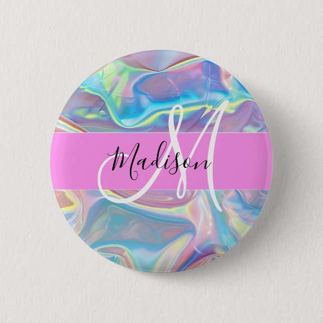 Mädchenhaft rosa holografischer irisierender Monog Button (Vorderseite)