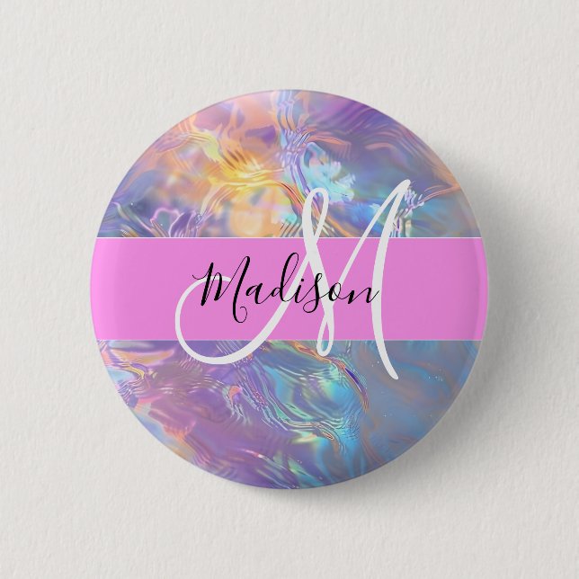 Mädchenhaft Rosa Holografischer Irisierender Monog Button (Vorderseite)