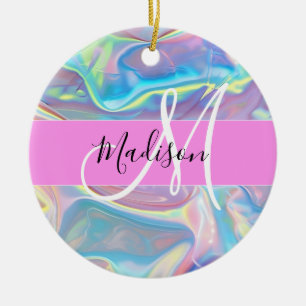 Mädchenhaft rosa holografischer irisierender Monog Keramik Ornament