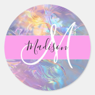 Mädchenhaft rosa holografischer irisierender Monog Runder Aufkleber