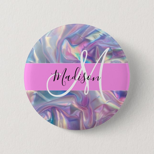 Mädchenhaft Rosa Holografisches Irisierendes Monog Button (Vorderseite)