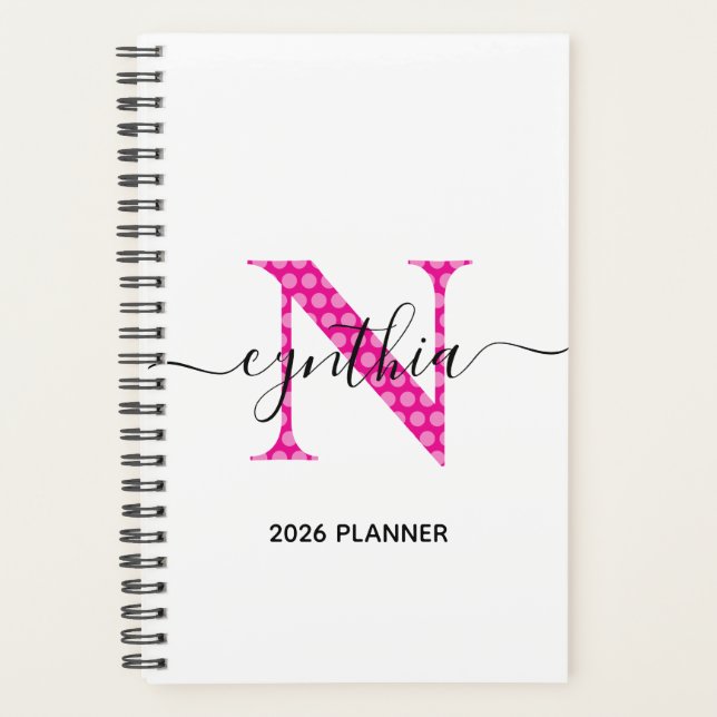 Mädchenhaft rosa Punkte-Monogramm Planer (Vorderseite)