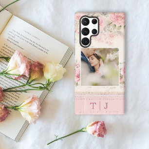 Mädchenhaft rosa Rosen mit Foto & Monogramm Samsung Galaxy Hülle