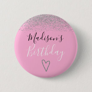 Mädchenhaft Rosa Silber Glitter Funkeln Herz Gebur Button