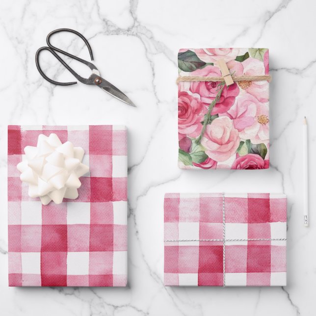 Mädchenhaft Rosa Weiße Karierte Streifen Junggesel Geschenkpapier Set (Vorderseite)