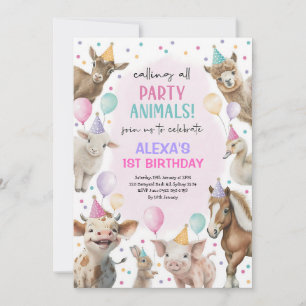Mädchenhafte Bauernhof-Tiere Rosa Geburtstag Einladung