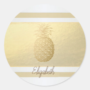 Mädchenhafte moderne Goldstreifen, Goldene Ananas Runder Aufkleber