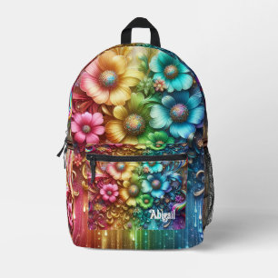 Mädchenhafte Regenbogenblumen mit Glitzer-Tropfen Bedruckter Rucksack