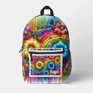 Mädchenhafte Regenbogenblumen mit Glitzer-Tropfen Bedruckter Rucksack