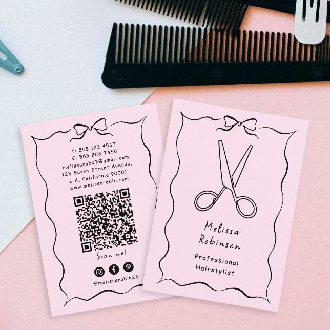 Mädchenhafte rosa Friseurschere & Coquette QR-Code Visitenkarte (Von Creator hochgeladen)