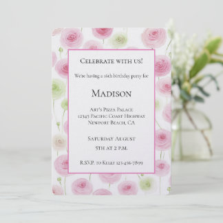 Mädchenhafte rosa Ranunculus-Blumen Geburtstag Einladung