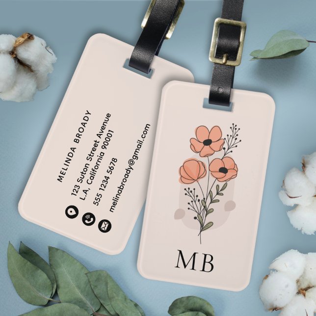 Mädchenhafte süße Pfirsichblüten mit Monogramm und Gepäckanhänger (Von Creator hochgeladen)