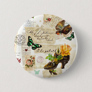 Mädchenhafte Vintage-Ephemera-Mode-Collage mit Nam Button