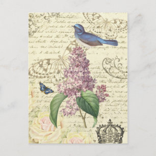 Mädchenhafte Vintage-Postkarte mit Vogel und Flied Postkarte