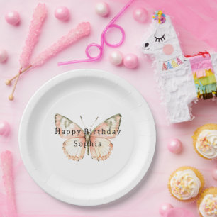 Mädchenhafter Pfirsich Schmetterling Geburtstag Pappteller