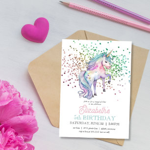 Mädchenhafter Regenbogen Glitter Magischer Einhorn Einladung
