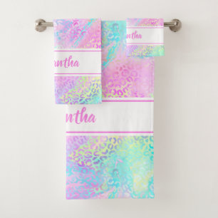 Mädchenhafter Regenbogen-Schimmer-Leoparden-Druck Badhandtuch Set