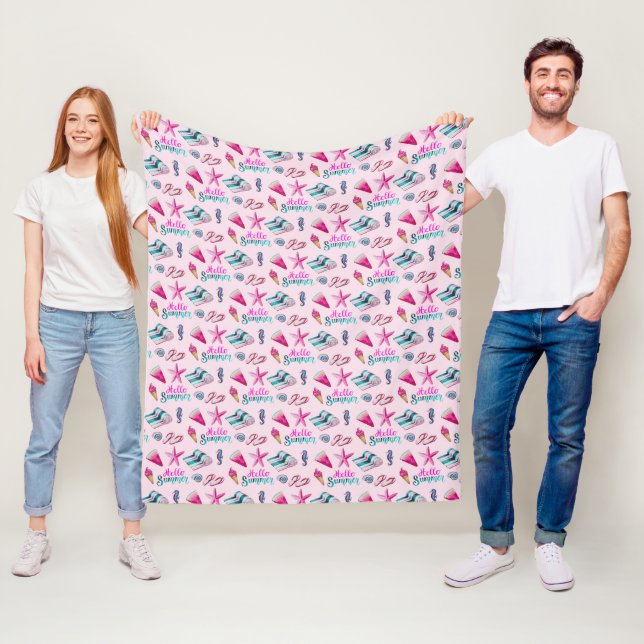 Mädchenhafter Sommerstrand Wasserfarbe Rosa Muster Fleecedecke (Beispiel)