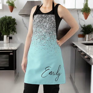 Mädchenhaftes aquablaues Türkis Glitter Monogramm Schürze