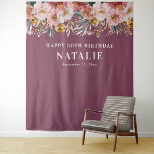 Mädchenhaftes Aquarell-Blumen-30. Geburtstag rosa Wandteppich