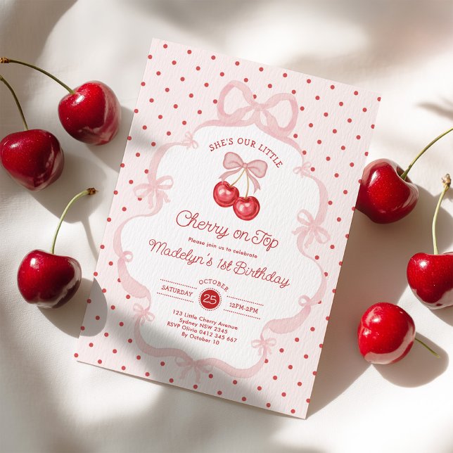 Mädchenhaftes Cherry-Erste-1.-Geburtstagsfeier Einladung (Von Creator hochgeladen)